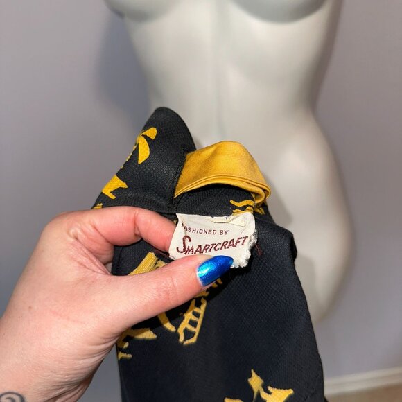 Vtg 60s Smartcraft Asian Inspired Dress Black Gold Textured Cotton Pinup Size 14 - Picture 7 of 8